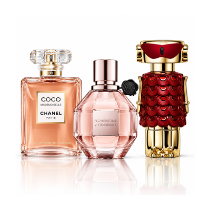 Sada 3 parfumov | Coco Mademoiselle Chanel Eau de Parfum – 100 ml | Flowerbomb Viktor&Rolf Eau de Parfum – 100 ml | Fame In Love Rabanne Parfum Elixir – 80 ml